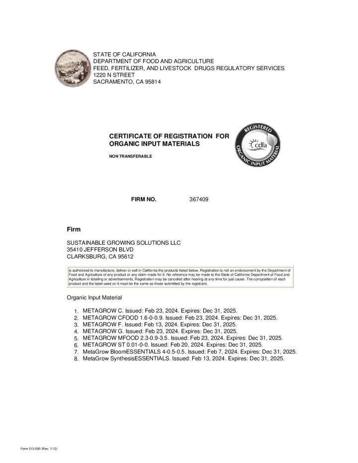 MetaGrow CDFA Organic Certificate