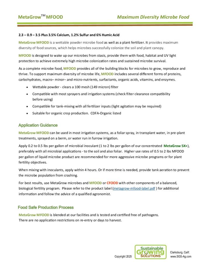 MetaGrow MFood product sheet