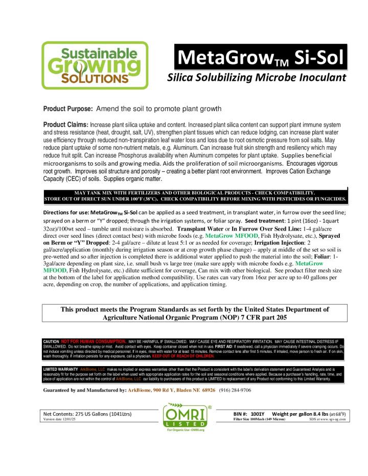 MetaGrow Si-Sol Label 2026