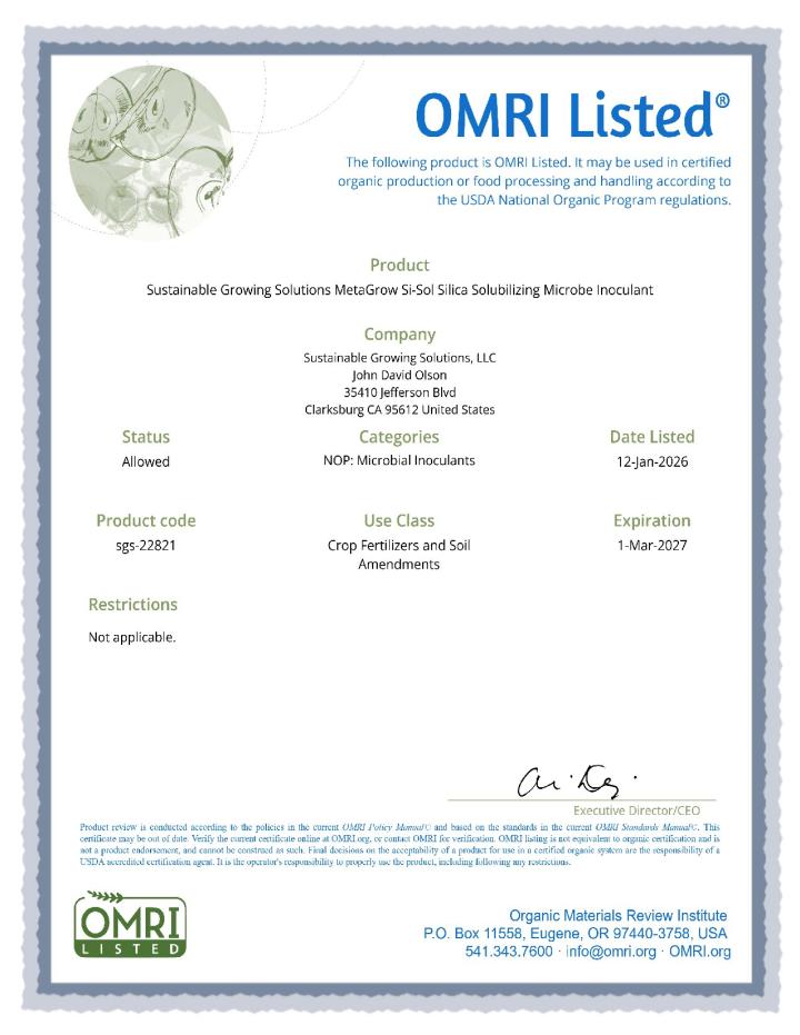 MetaGrow Si-Sol OMRI Cert 2026
