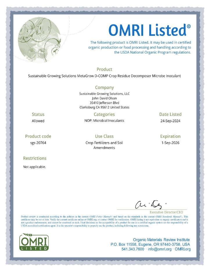 OMRI D-Comp Cert to Sept 2026