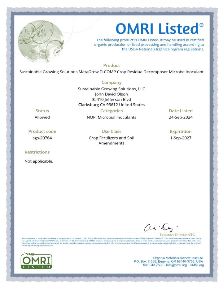 OMRI D-Comp Cert to Sept 2027